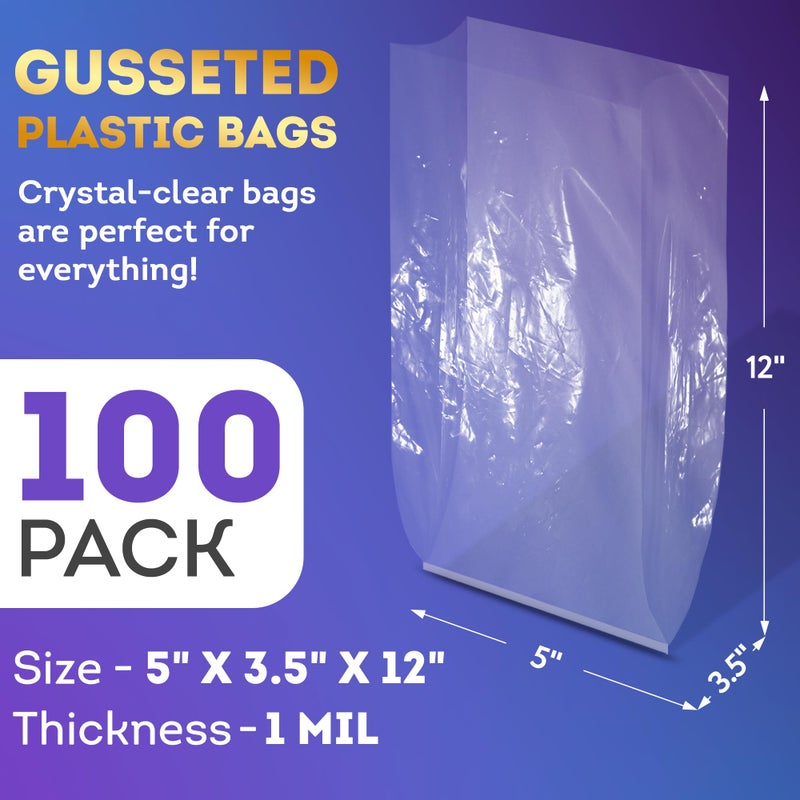 APQ Supply APQ Clear Gusseted Poly Bags, 5 x 3.5 x 12 Inch. Pack of 100 Gusseted Plastic Bags 1 Mil Thick for Favors with Open Top. Clear Plastic Bags for Packaging Cookies, Popcorn, Candies, Homemade Bread - Image 2